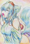 animal_ears bare_shoulders breasts closed_eyes colored_pencil_(medium) covered_nipples detached_sleeves hat highres inubashiri_momiji kitazinger large_breasts leaning_forward open_mouth short_hair silver_hair solo tail tokin_hat touhou traditional_media wolf_ears wolf_tail yawning 