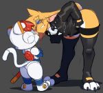  0r0 0r0ch1 anthro armor butt cat clothed clothing eye_contact feline lagomorph legwear looking_down machine male mammal rabbit robot samurai_pizza_cats size_difference speedy_cerviche 