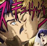  age_difference blonde_hair blue_eyes blue_hair dio_brando facial_hair george_joestar jojo_no_kimyou_na_bouken jonathan_joestar kiss male_focus multiple_boys mushi_gyouza mustache nani_wo_suru_da non-web_source parody phantom_blood yaoi zukyuun 