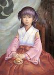  bad_id bad_pixiv_id chair cream_puff detached_sleeves fine_art_parody food fruit hakama hanyuu higurashi_no_naku_koro_ni iron_maiden japanese_clothes long_hair mademoiselle_romaine_lacaux miko parody pierre-auguste_renoir purple_eyes purple_hair realistic red_hakama skyape solo strawberry 