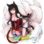 ahri animal_ears bare_shoulders black_hair bottle braid breasts cleavage detached_sleeves facial_mark fox_ears fox_tail highres ilris kneeling korean_clothes large_breasts league_of_legends long_hair multiple_tails solo tail whisker_markings yellow_eyes 