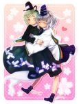  bad_id bad_pixiv_id blush closed_eyes dress floral_background ghost_tail green_dress green_eyes green_hair hat heart highres hug long_sleeves mononobe_no_futo multiple_girls multiple_tails onyuuuu pink_background ponytail short_hair silver_hair smile soga_no_tojiko tail tate_eboshi touhou wide_sleeves 