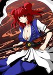  bad_id bad_pixiv_id breasts cleavage coin collarbone doseisan_(dosei-san) grin hair_bobbles hair_ornament large_breasts looking_at_viewer obi onozuka_komachi red_eyes red_hair sash scythe shirt skirt smile solo touhou two_side_up 