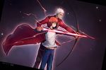  2boys aiming archer arrow aura bangs belly_peek belt black_pants blue_pants bow_(weapon) coat dark_skin dark_skinned_male dated drawing_bow dutch_angle electricity emiya_shirou fate/stay_night fate_(series) feet_out_of_frame glowing_arrow highres holding holding_bow_(weapon) holding_hand holding_weapon linjie long_sleeves multiple_boys orange_hair outstretched_arm pants profile raglan_sleeves red_coat red_hair shirt spiked_hair standing t-shirt teaching weapon white_hair 