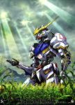  absurdres arisawa_hiroshi cloud cloudy_sky corn_field green_eyes gundam gundam_barbatos gundam_iron-blooded_orphans gundam_tekketsu_no_orphans highres mecha mountain no_humans official_art outdoors plant sky solo sunlight 