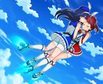  bad_id bad_pixiv_id bike_shorts blue_hair brown_hair closed_eyes flying futaba_aoi_(vividred_operation) hat highres isshiki_akane kiss long_hair multiple_girls palette_suit short_hair vividred_operation yoban yuri 