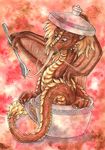  ambiguous_gender bowl cute dragon feral kirsch long_tongue scalie solo spoon tea tongue traditional traditional_media wings 