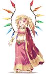  :d alternate_costume blonde_hair blush bracelet bracer earrings fangs flandre_scarlet jewelry long_hair looking_at_viewer navel open_mouth red_eyes sandals satou_kibi side_ponytail simple_background slit_pupils smile solo touhou white_background wings 