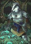  anthro armor badger clothed clothing detailed_background forest fungus kirsch male mammal mushroom mustelid musteline nature outside plant solo tree 