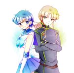  1girl androgynous bishoujo_senshi_sailor_moon blonde_hair blue_choker blue_eyes blue_hair blue_sailor_collar blue_skirt bow choker crossed_arms elbow_gloves gloves green_eyes long_hair magical_girl military military_uniform mizuno_ami ponytail ribbon sailor_collar sailor_mercury sailor_senshi_uniform short_hair skirt smile tiara torao_(torakmn) uniform white_background white_gloves zoisite_(sailor_moon) 