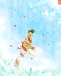  barefoot closed_eyes day earrings grass highres inuyasha japanese_clothes jewelry kagura_(inuyasha) kimono nature petals pointy_ears sash sky tied_hair vient walking wind 