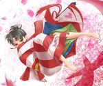  attack bare_legs barefoot earrings falling fan inuyasha japanese_clothes jewelry kagura_(inuyasha) kimono petals pointy_ears red_eyes robe saiha tied_hair 