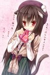  animal_ears black_hair blush cat_ears cat_tail gift hat long_hair mia_flatpaddy original red_eyes solo syroh tail translation_request 