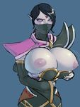  aka6 annoyed black_hair blue_background blue_eyes bouncing_breasts breasts bursting_breasts covered_mouth defense_of_the_ancients dota_2 eyeshadow facial_mark forehead_mark huge_breasts lanaya long_hair makeup mask nipples pointy_ears ponytail purple_skin shoulder_pads simple_background solo torn_clothes 
