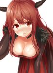  bad_id bad_pixiv_id blush breasts brown_eyes brown_hair choker cleavage demon_horns dress fur_trim heirou horns large_breasts long_hair looking_at_viewer maou_(maoyuu) maoyuu_maou_yuusha open_mouth shiny shiny_skin simple_background solo 
