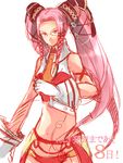  .hack//g.u. 1girl aoi_tsuki_hasu bare_shoulders cowboy_shot looking_at_viewer midriff navel necktie pi_(.hack//) pink_hair red_eyes revealing_clothes solo stomach twintails 
