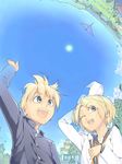  1girl akinbo_(hyouka_fuyou) bad_id bad_pixiv_id blonde_hair blue_eyes brother_and_sister day gakuran kagamine_len kagamine_rin paper_airplane school_uniform short_hair siblings sky sun twins vocaloid 