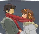  1girl kyon pinzu scarf shared_scarf sketch suzumiya_haruhi suzumiya_haruhi_no_yuuutsu 