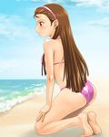  ass back barefoot beach bikini brown_hair day feet hairband idolmaster idolmaster_(classic) idolmaster_1 kneeling long_hair minase_iori muhi11234 outdoors red_eyes solo swimsuit 