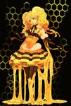  bee bee_costume beehive black_background black_legwear blonde_hair bug dress earrings gloves honey honeycomb_(pattern) honeycomb_background insect jewelry noja original ribbon skirt smile thighhighs twintails yellow zettai_ryouiki 