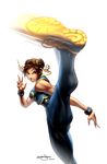  abs angry blue_bodysuit bodysuit breasts brown_eyes brown_hair chun-li cropped_jacket double_bun dress high_kick highres kicking large_breasts lips makeup motion_blur muscle official_art omar_dogan shoes short_hair signature skin_tight sneakers solo street_fighter street_fighter_zero_(series) thick_thighs thighs unitard 