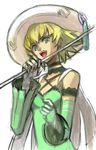  .hack//g.u. 1girl :d atoli_(.hack//) bare_shoulders blonde_hair detached_sleeves dress gauntlets green_dress green_eyes hat long_sleeves looking_at_viewer open_mouth short_hair smile snowconcon solo upper_body 