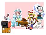  :3 animal_ears azuki_osamitsu blonde_hair blush brown_hair cat_ears cat_tail chen chibi commentary_request drinking_bird earrings eating food ghost hair_ribbon hat hat_ribbon heart hitodama jewelry konpaku_youmu konpaku_youmu_(ghost) multiple_girls multiple_tails mystia_lorelei pink_hair ribbon saigyouji_yuyuko silver_hair sweatdrop tail television touhou yakumo_yukari 