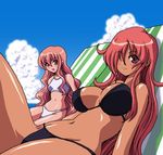  bikini brown_eyes chair cloud dark_skin day kihaiu kirche_augusta_frederica_von_anhalt_zerbst long_hair louise_francoise_le_blanc_de_la_valliere lounge_chair multiple_girls pink_eyes pink_hair red_hair sky swimsuit zero_no_tsukaima 