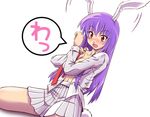  animal_ears blush bunny_ears bunny_tail dress_shirt long_hair open_clothes open_mouth open_shirt pleated_skirt purple_hair red_eyes reisen_udongein_inaba shirosa shirt sitting skirt solo speech_bubble surprised tail touhou wariza 