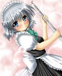  blue_eyes bow braid izayoi_sakuya kagura_chitose maid ribbon short_hair silver_hair solo touhou twin_braids 