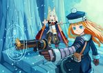  7th_dragon 7th_dragon_(series) aiming animal_ears arm_guards blonde_hair cape coat eyebrows floating_hair fox_ears fur_trim gloves gun gunner haruno hat ikurakun_(7th_dragon) jack_frost long_hair looking_away mage_(7th_dragon) magic_circle multiple_girls orange_hair outdoors outstretched_arms pants sekaiju_no_meikyuu serious snow staff stone_floor tree very_long_hair weapon winter 