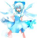  blue_bow blue_eyes blue_hair blue_ribbon blush bow cirno dress_shirt fang hair_bow ice ice_wings ippongui looking_at_viewer open_mouth puffy_short_sleeves puffy_sleeves ribbon shirt short_hair short_sleeves simple_background solo touhou white_background wing_collar wings 