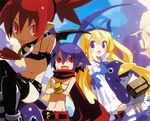  2girls :p ahoge bat_wings belt beltskirt bird blonde_hair blue_hair blush boots cloud collar crossed_arms detached_sleeves disgaea earrings etna flat_chest flonne hair_ribbon harada_takehito holding huge_ahoge jewelry laharl long_hair looking_at_viewer makai_senki_disgaea_2 midriff multiple_girls neck_ribbon official_art open_mouth penguin pointy_ears popped_collar prinny red_eyes red_hair ribbon scarf short_hair shorts skull sky slit_pupils smile thighhighs tongue tongue_out topless twintails very_long_hair wings zettai_ryouiki 