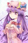  bad_id bad_pixiv_id bow hair_ribbon hands_on_own_chest hat hat_ribbon interlocked_fingers long_hair mamepon patchouli_knowledge pink_bow purple_eyes purple_hair ribbon solo touhou 