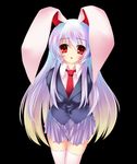  animal_ears blush bunny_ears business_suit formal long_hair necktie pink_hair red_eyes red_neckwear reisen_udongein_inaba skirt skirt_suit socks solo suit thighhighs touhou umitsubame 