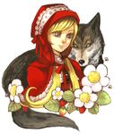  animal bee big_bad_wolf_(grimm) blonde_hair blue_eyes bug cloak flower food fruit grimm's_fairy_tales insect lace little_red_riding_hood little_red_riding_hood_(grimm) noja ribbon solo strawberry strawberry_blossoms twintails wolf 
