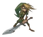  blonde_hair blue_eyes elf fighting_stance hat holding holding_sword holding_weapon jeff_matsuda link looking_at_viewer male_focus pointy_ears short_sleeves simple_background solo sword the_legend_of_zelda tunic weapon white_background 