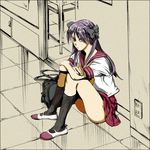  dithering hiiragi_kagami lucky_star purple_hair ribbon ryouou_school_uniform school_uniform serafuku shuffle_(inoue) sitting solo twintails 