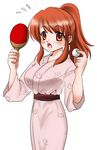  artist_request asahina_mikuru ball bath_yukata breasts brown_eyes brown_hair japanese_clothes kimono large_breasts long_hair non-web_source paddle pink_kimono ponytail simple_background solo suzumiya_haruhi_no_yuuutsu sweatdrop table_tennis table_tennis_paddle yukata 