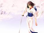  1600x1200 brown_hair cherry_blossoms highres japanese_clothes kara_no_kyoukai katana kimono petals ryougi_shiki short_hair sword wallpaper weapon 