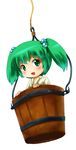  blush bucket chibi green_eyes green_hair hair_bobbles hair_ornament in_bucket in_container japanese_clothes kisume michii_yuuki solo touhou twintails wooden_bucket 