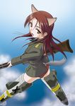  animal_ears back gun long_hair looking_back machine_gun mg42 minna-dietlinde_wilcke misnon_the_great red_eyes red_hair solo strike_witches striker_unit tail weapon world_witches_series 