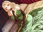  1girl beautiful beauty bed blonde_hair breasts catherine_estol circlet cleavage dress elbow_gloves elegant female game_cg gloves gracious green_eyes jewelry kneeling koizumi_amane large_breasts mole princess pure ring shouki_letitia solo tiara worried 