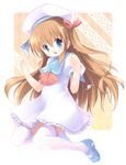  blue_eyes brown_hair copyright_request dress emurin long_hair solo thighhighs 