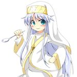  bangs blue_eyes blush eyebrows_visible_through_hair grune holding holding_spoon index long_hair looking_at_viewer nun purple_hair simple_background smile solo spoon standing to_aru_majutsu_no_index white_background white_robe 