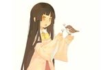  bird bird_on_hand flower houraisan_kaguya japanese_clothes long_hair open_mouth shirohanamame_taichou solo sparrow touhou very_long_hair 
