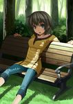 bench brown_hair capri_pants casual copyright_request day denim grass grey_eyes leaning_back long_sleeves looking_at_viewer murata_taichi open_mouth outdoors pants shade short_hair sitting solo sweat tree 