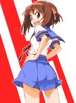  blue_sailor_collar blue_skirt brown_eyes brown_hair from_behind hair_ribbon hairband hands_on_hips kita_high_school_uniform looking_back mikami_komata open_mouth orange_hairband ribbon sailor_collar school_uniform serafuku short_hair skirt solo suzumiya_haruhi suzumiya_haruhi_no_yuuutsu 