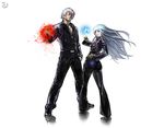  1girl ass blue_hair chaps cross cross_necklace dark_skin fingerless_gloves fire gloves glowing hand_on_hip height_difference hiroaki_(kof) ice jacket jewelry k' kula_diamond leather leather_jacket long_hair necklace official_art orb pyrokinesis red_eyes short_hair sunglasses the_king_of_fighters watermark white_hair 