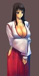  bad_id bad_pixiv_id black_hair blue_eyes breasts cleavage copyright_request hakama huge_breasts japanese_clothes kongeraatio long_hair miko red_hakama solo 